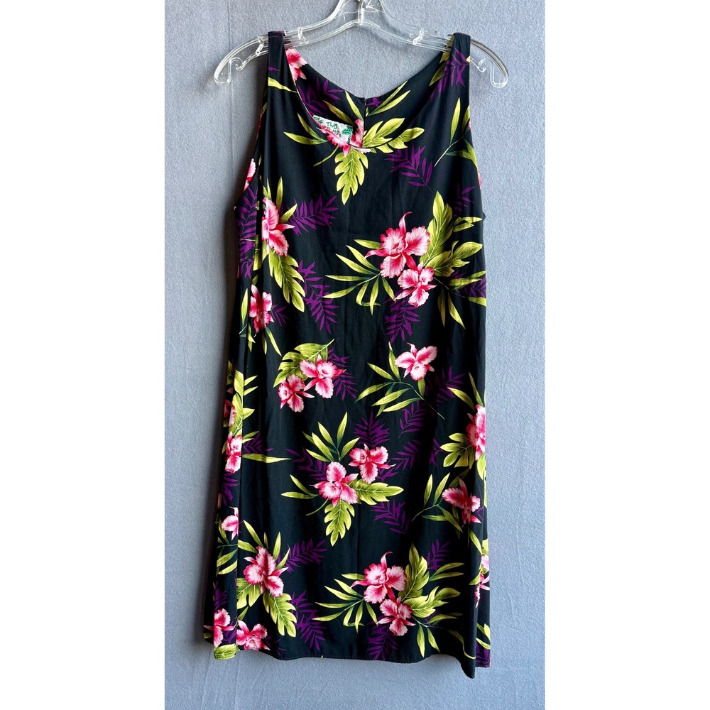 Two Palms Made in Hawaii Floral Dress XL Sleeveless Rayon‎ Black Pink Purple